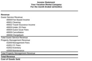 Income statement for vacation rental company. This document shows the financial performance of the company, which is important information for potential buyers.